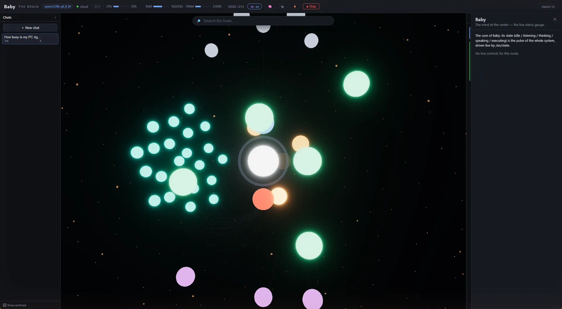 Baby inspector panel describing the core node: its live state of idle, listening, thinking, speaking or executing.