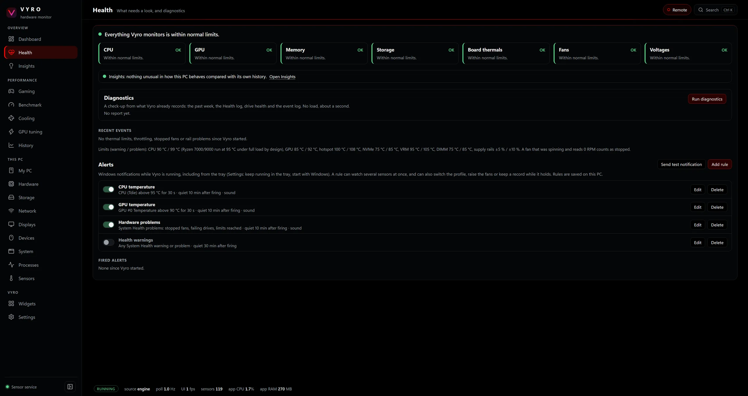 VYRO Health view: every subsystem within normal limits, a diagnostics panel and alert rules for CPU and GPU temperature.