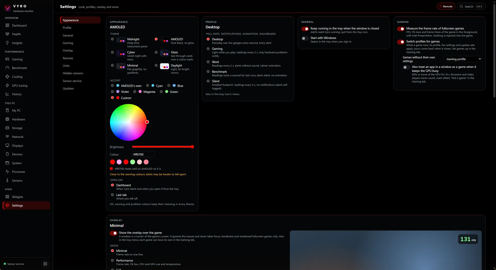 VYRO appearance settings: six themes, an accent colour wheel, update-rate profiles and an overlay preview.